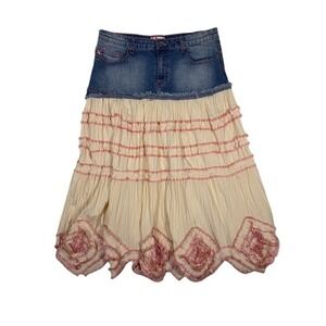 Crest Women Mixed Media Denim Gauze Maxi Skirt Blue Cream Pink Boho Y2K Sz L